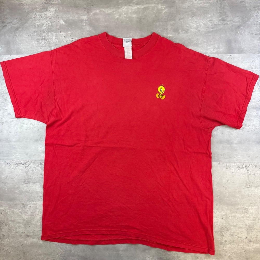 Vintage Looney Tunes Tweety Bird Embroidered Red T-Shirt Mens 2XL Short Sleeve